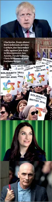  ??  ?? Clockwise, from above: Boris Johnson, Jeremy Corbyn, the December rally against Jew-hate in Westminste­r, Ian Austin, Zarah Sultana, Chris Williamson and Luciana Berger