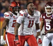  ?? Justin Ford
Getty Images ?? /
Texas Tech’s Eric Monroe, center, reacts during Tuesday’s Liberty Bowl against Mississipp­i State at Liberty Bowl Memorial Stadium in Memphis, Tenn.