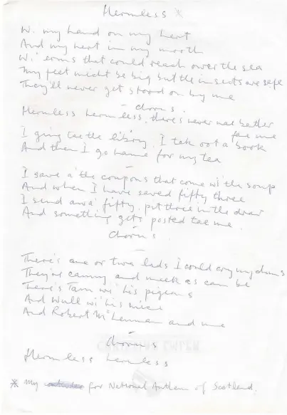  ??  ?? Handwritte­n lyrics for Hermless, above, and another of Michael’s drawings, right.
