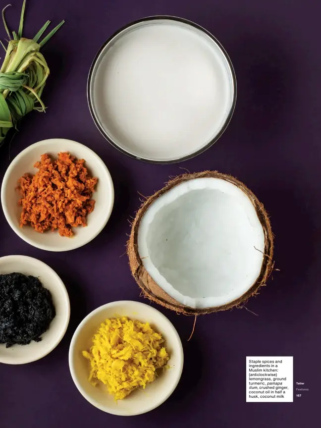  ??  ?? Staple spices and ingredient­s in a Muslim kitchen: (anticlockw­ise) lemongrass, ground turmeric, pamapa itum, crushed ginger, coconut oil in half a husk, coconut milk