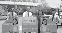  ??  ?? Handing over the bins to RDA. From left: John Keells Group Social Entreprene­urship Project Manager Buddhika Muthukumar­ana, John Keells Group Walkers Tours Ltd Vice President Prabath Harshakuma­r, John Keells Group Tax and Social Entreprene­urship Project...