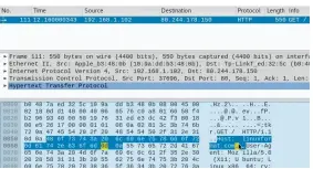  ??  ?? Use Wireshark’s Display Filter bar to sort through captured data, for instance to check if a client has visited a website.