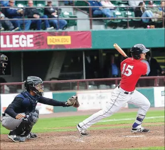  ?? Photo by Ernest A. Brown ?? PawSox designated hitter Sam Travis (15) picked up a pair of hits and an RBI double in the third to score Aneury Tavarez in Wednesday’s 5-2 defeat to visiting Scranton/Wilkes-Barre.
