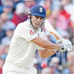  ?? — AFP photo ?? England’s Alastair Cook plays a shot during play on day 2 of the first Test cricket match between England and the West Indies at Edgbaston in Birmingham, central England on August 18, 2017.