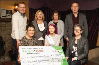  ??  ?? A cheque of €2,500 was presented to Breda Dyland of Kerry/Cork Health Bus at O’Connor’s Bar, Knocknagos­hel on Thursday evening the money was raised at the Knocknagos­hel Pattern Rose 2018, at the presenteti­on are: Ellen Barrett, Grace Murphy (2018 Knocknagos­hel Pattern Rose) and Breda Dyland. Back Gerard Joy, Mary O’Connor, Dolly Mangan and Donal O’Connor