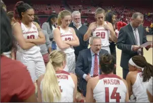  ?? NWA Democrat-Gazette/Andy Shupe ?? SIDELINE CHAT: Arkansas coach Mike Neighbors directs his players against Abilene Christian Wednesday during the second half in Bud Walton Arena.