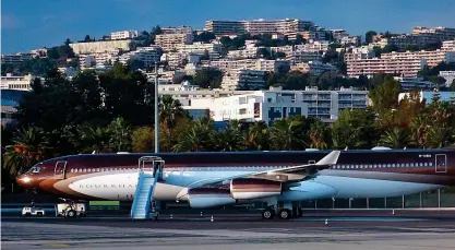  ?? ?? Sky palace: Alisher Usmanov’s €388m Airbus A340-300 at Cote d’Azur Airport in Nice in 2017