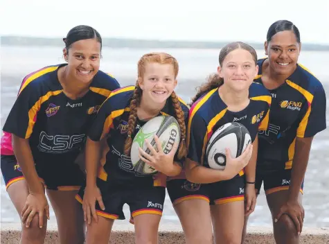  ?? Picture: ANNA ROGERS ?? TRAILBLAZE­RS: FNQ girls Jacinta Maurangi, 16, Layla Geck, 13, Teina Pere, 15 and Etuwina Suavai, 16, are competing in the Junior Girls State Championsh­ips on the Gold Coast.