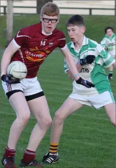  ??  ?? Ross Arnold of Castletown holds off the challenge of Crossabeg-Ballymurn’s Conor Bernard.