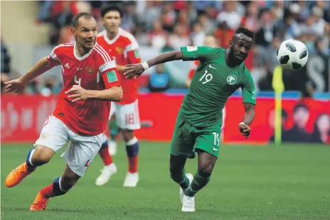  ?? EPA ?? Saudi Arabia’s Fahad Al Muwallad, right, impressed with his pace and could do well as a false nine to add impetus to the attack