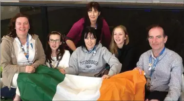  ??  ?? Team Ireland in the USA: Caoimhe Cronin and Shauna Murphy from St. Mary’s Secondary School, Mallow with their mentor and teacher Martin Timmons and family and friends who travelled to Pittsburg in the US where they won two awards.
