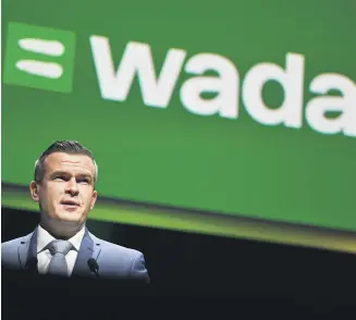  ?? ?? World Anti-Doping Agency (WADA) President Witold Banka delivers a speech at a symposium in Lausanne, Switzerlan­d, March 12, 2024.