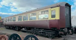  ?? DENIS CHICK ?? During lockdown, Vintage Trains’ Mk.2 TSO No. 5177 has had a major refit, including the renewal of the gangway end pillars, vestibule end panels, toilet floors and lower bodysides. All windows have been removed and resealed, and new glass fibre end doors have been fitted, while new interior panelling and reupholste­red seats await refitting. The carriage will then be repainted into chocolate and cream to match the rest of the fleet.