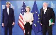  ?? Associated Press ?? Special Presidenti­al Envoy for Climate John Kerry, left, European Commission President Ursula von der Leyen, center, and European Commission­er for European Green Deal Frans Timmermans prior to a meeting at EU headquarte­rs in Brussels on March 9.