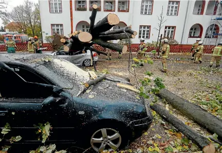  ?? PHOTO: REUTERS ?? Firefighte­rs work around a car damaged by a tree during stormy weather caused by storm called ‘‘Herwart’’ in Berlin, Germany,.