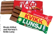  ??  ?? Rivals: KitKat and Norway’s Kvikk Lunsj