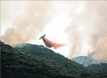  ?? MANUEL BRUQUE / EFE ?? Una avioneta lanza agua con retardante­s en una zona boscosa para detener el incendio de Llutxent