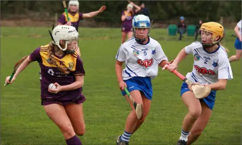  ??  ?? Katie Bates of Wexford under pressure from Waterford pair Rachel Jones and Helen Connolly.