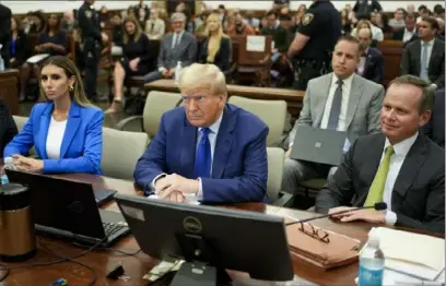  ?? Seth Wenig/Associated Press ?? Donald Trump on trial, flanked by his defense attorneys Alina Habba and Chris Kise.