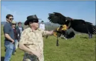  ?? ERIC RISBERG — THE ASSOCIATED PRESS ?? In this photo taken Thursday a Harris hawk lands on the arm of Nick Kontis during a falconry vineyard experience at Bouchaine Vineyards in Napa