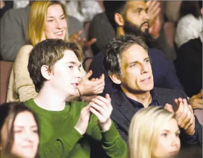  ?? PHOTOS BY JONATHAN WENK — AMAZON STUDIOS ?? Austin Abrams, left, plays Brad’s son, and Ben Stiller plays Brad, a father not ready to face the future, in “Brad’s Status.”