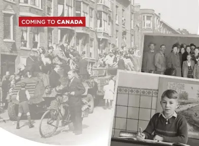  ??  ?? Clockwise from top: Celebratio­ns as the Canadian Army enters Rotterdam in May 1945; a farewell photo as the Bergs set sail on October 24, 1951; Johannes in Grade 5, prior to leaving.