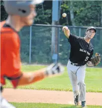  ?? JASON MALLOY/THE GUARDIAN ?? P.E.I. Little Caesars Islanders shortstop Ben MacDougall throws to first base for an out Saturday during New Brunswick Junior Baseball League action at Memorial Field.