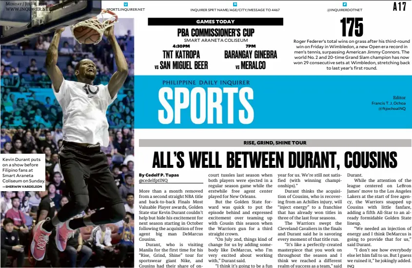  ?? —SHERWIN VARDELEON ?? Kevin Durant puts on a show before Filipino fans at Smart Araneta Coliseum on Sunday.