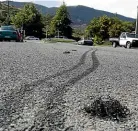  ?? MARTIN DE RUYTER/ STUFF ?? Burnout marks and shredded tyre rubber on Polstead Rd.