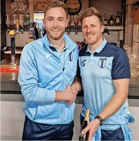  ?? Picture: Longwell Green Sports FC ?? Rob Belcher, left, receives the man-of-the-match award after he scored a ‘perfect’ hat-trick for Longwell Green Sports in the 5-3 Toolstatio­n League win against Bishops Lydeard