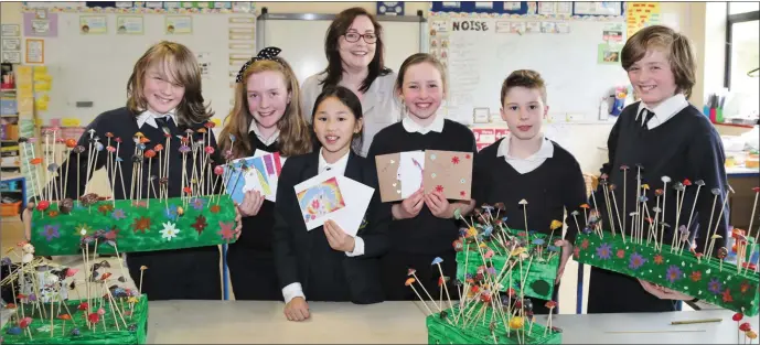  ?? Photo by Sheila Fitzgerald ?? Fehin Duggan, Leah Buckley, Thiha Kearney O’Sullivan, Emily Power, Alex Hickey, and Senan Duggan, pupils at Glantane National School, with their Teacher Zoe Fitzgerald, who took part in the Junior Entreprene­ur Programme.