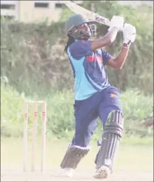  ??  ?? Steven Jacobs hits a delivery from Troy Gonsalves over mid-wicket for six during his match-winning knock of 68 from 37 deliveries for Malteenoes yesterday in the GCA/Carib Beer first division T20 cricket competitio­n.