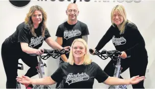  ??  ?? ●● Michelle Beardmore, Hannah Glazebrook­e and Louise Peach with Stuart Bailey (back) from trackside studios.