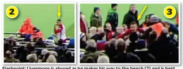  ??  ?? Flashpoint: Livermore is abused as he makes his way to the bench (2) and is held back by stewards as he enters the stands to confront a West Ham supporter (3) 3 2