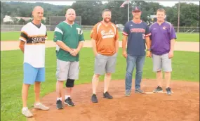  ?? Peter Wallace / For Hearst Connecticu­t Media ?? The Tri-State Baseball League inducted five new members before its championsh­ip series last week. Left to right: Jim Mischke, Darren Gould, Marc DiDominzio, Kyle Weaver, Ryan McDonald.