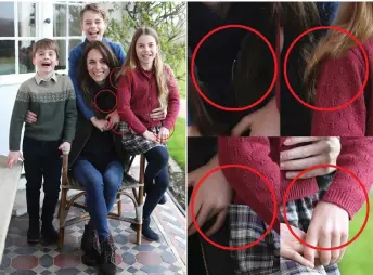  ?? — AFP photo ?? A combinatio­n picture shows a handout photo released by Kensington Palace of Britain’s Catherine, Princess of Wales with her children, alongside a version highlighti­ng several inconsiste­ncies in alignments after it came to light that the handout had been manipulate­d.