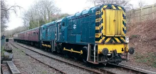  ?? PETER NICHOLSON ?? The last train of the day at the AVR’s ‘Gronk’ event on March 5, the 15.45 Oldland Common to Bitton, was double headed and is seen on departure. Leading is No. 08359, which had been sent to Bitton for a B exam and servicing by Valley Rail Preservati­on. It is owned by the Diesel Electric Shunter Co which hires 08s to heritage railways. It moved on to its next job on the Bodmin & Wenford Railway on March 10/11, to deputise for resident No. 08444 receiving an overhaul.