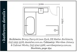  ??  ?? STYLED TO SIZE “It’s not a large room,” says Briony, “so designing the space to be clever and making the most of it was one reason why cantilever­ing the shelf over the bath [opposite & above right] made sense.” The hamper-style cabinet in 2-pac Dulux...