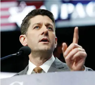  ??  ?? Speaker of the House Paul Ryan (R-WI) speaks to the American Israel Public Affairs Committee policy conference in Washington, on Monday. (Reuters)