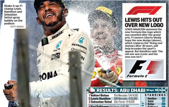  ?? GETTY IMAGES ?? Shake it up: F1 champ Lewis Hamilton and Sebastian Vettel spray bubbly on the podium