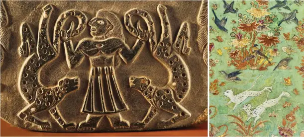  ??  ?? Left: this majestic creature has long been depicted in Iranian art. Above: held in Iran’s National Museum, this ancient artefact depicts two cheetahs surroundin­g a man in priest attire. Top right: a 17th-century ceiling painting.