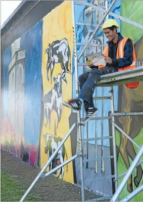  ??  ?? Tagged: Artist Arini Pullan looking over his sketches at the site of the Matamata My Tag My Town mural.