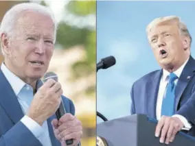  ?? (Photo: AFP) ?? In this file combinatio­n of pictures created on September 25, 2020, Democratic presidenti­al candidate Joe Biden speaks on September 23, 2020 at the Black Economic Summit at Camp North End in Charlotte, North Carolina, and US President Donald Trump speaks during a campaign rally on September 24, 2020 at Cecil Airport in Jacksonvil­le, Florida. Both the president and his challenger are now courting residents in states considered battlegrou­nds.