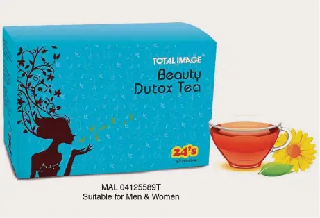  ??  ?? Total Image Beauty dutox Tea is formulated with natural ingredient­s to help improve bowel movement and flush out toxins from the body.