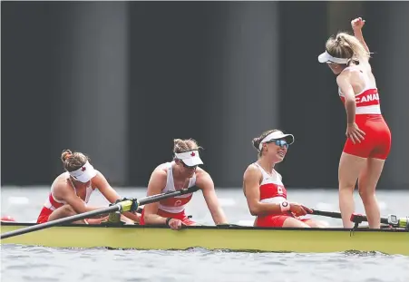  ?? NAOMI BAKER/GETTY IMAGES ?? Madison Mailey, Sydney Payne, Avalon Wasteneys and cox Kristen Kit celebrate their gold medal in the women's eight Friday on Sea Forest Waterway, Canada's first in the event since 1992. Not shown: Andrea Proske, Susanne Grainger, Lisa Roman and Christine Roper.