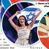  ?? ?? > Nemo of Switzerlan­d, who performed the song The Code, celebrates after winning the grand final of the Eurovision Song Contest in Malmo, Sweden, on Saturday. Left, from top: Raiven from Slovenia; Eden Golan from Israel and the UK’s Olly Alexander