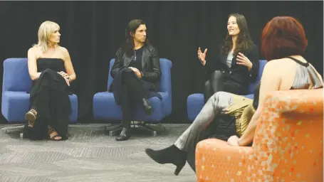  ?? JIM WELLS ?? YW Calgary CEO Sue Tomney, from left, Jodi Kantor and Megan Twohey speak to media and guests in Calgary on Wednesday. Kantor and Twohey spoke about their Harvey Weinstein stories that sparked the global #Metoo movement during a fundraiser where they were keynote speakers.