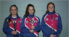  ??  ?? Under-14 Blue team Player of the Year award winner, Kayleigh McGuire, most improved Erin King, and most dedicated Sara Bohan.