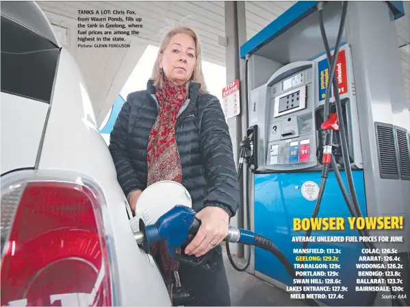 ?? Picture: GLENN FERGUSON ?? TANKS A LOT: Chris Fox, from Waurn Ponds, fills up the tank in Geelong, where fuel prices are among the highest in the state.