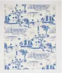  ?? JACQUI JENSEN-ROY ?? Kate Thornley-Hall for Hopson Grace Cayman toile print tea towel in Olympian blue, $25.